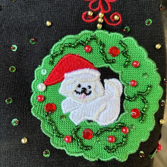 Vintage Jack B Quick Christmas Dog Cardigan Sweater Small Ramie Embroidered Bead - Picture 7 of 8